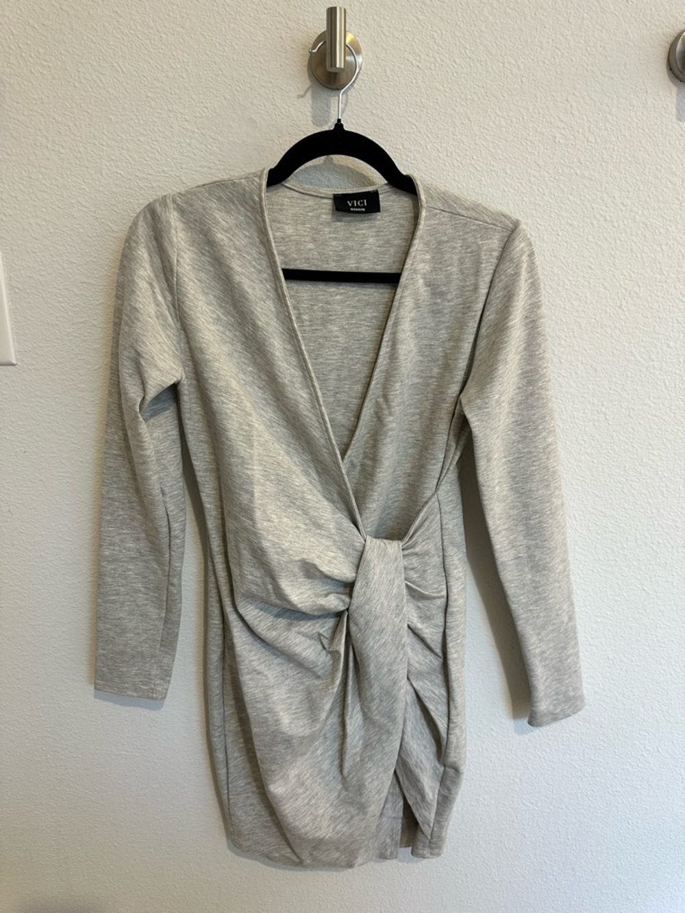 VICI Light Heather Gray Twist-Front V-Neck Mini Dress